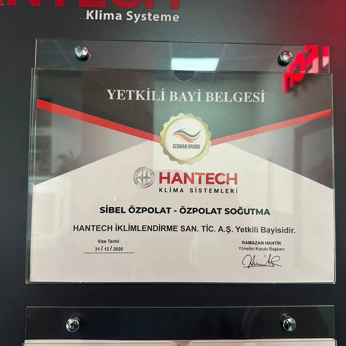 Özpolat Soğutma Hantech yetkili bayi belgesi