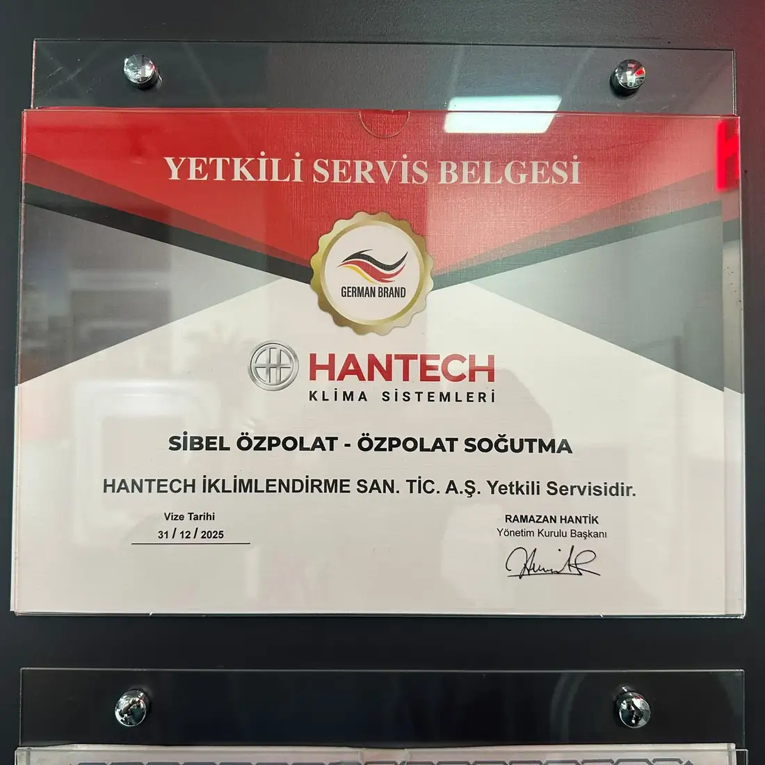 Özpolat Soğutma Hantech yetkili servis belgesi